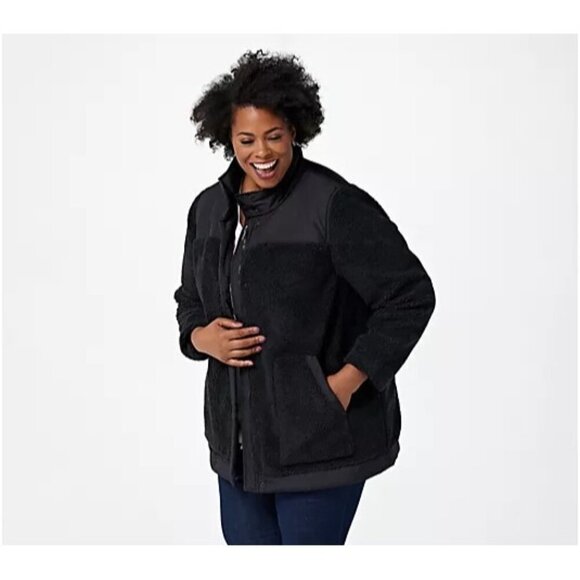NWT Zuda Long Sherpa Jacket Sz M Black Woven Trim Wind Resistant Zip Up Lined - Picture 1 of 8